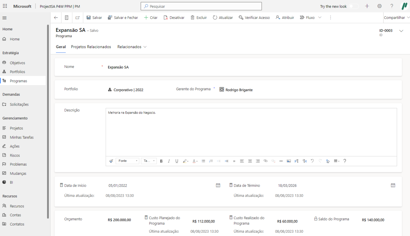 Visão de portfólio de projetos em painel consolidado no One Planner PPM
