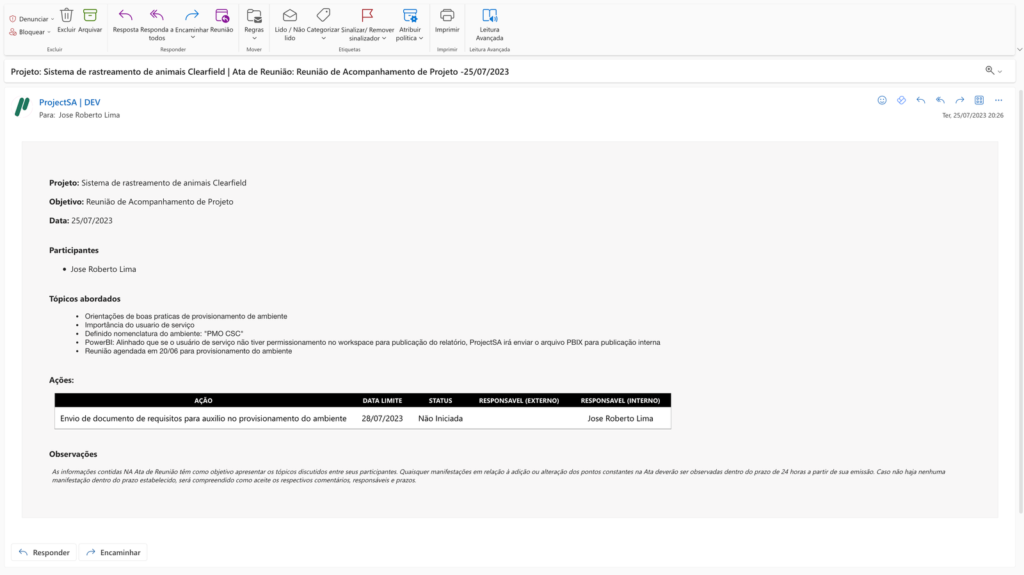 Tela de automação de atas de reunião em gerenciamento de projetos no One Planner PPM