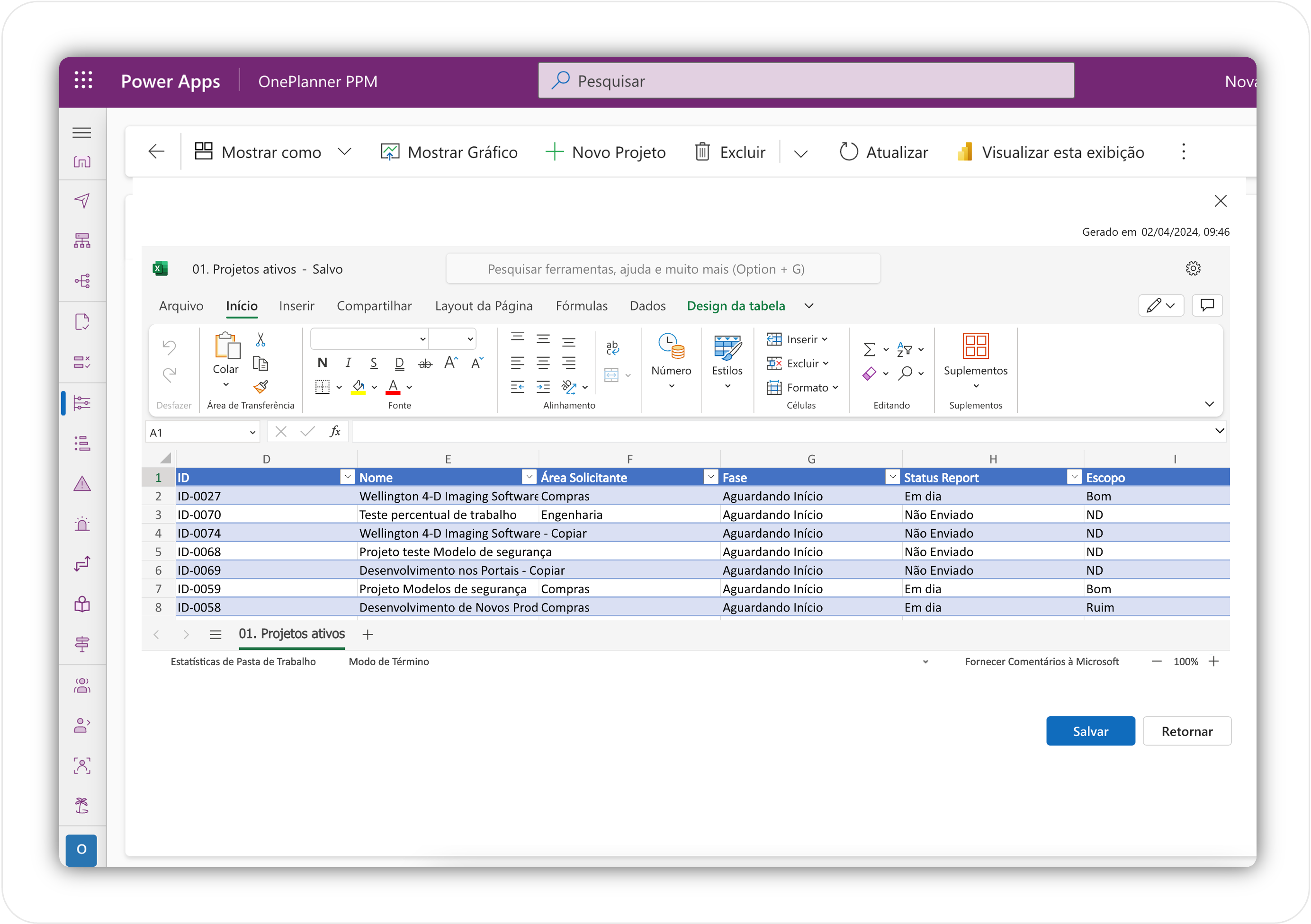 Produtividade 3 Exportação de dados do One Planner PPM para Microsoft Excel